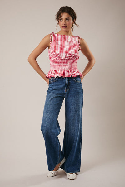 Smocked Waist Gingham Top